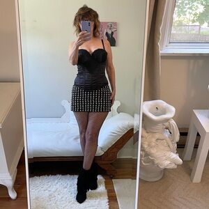 BLACK BUSTIER LACE REMOVABLE GARTER STRAPS RHINESTONES SHAPE WEAR SATINY